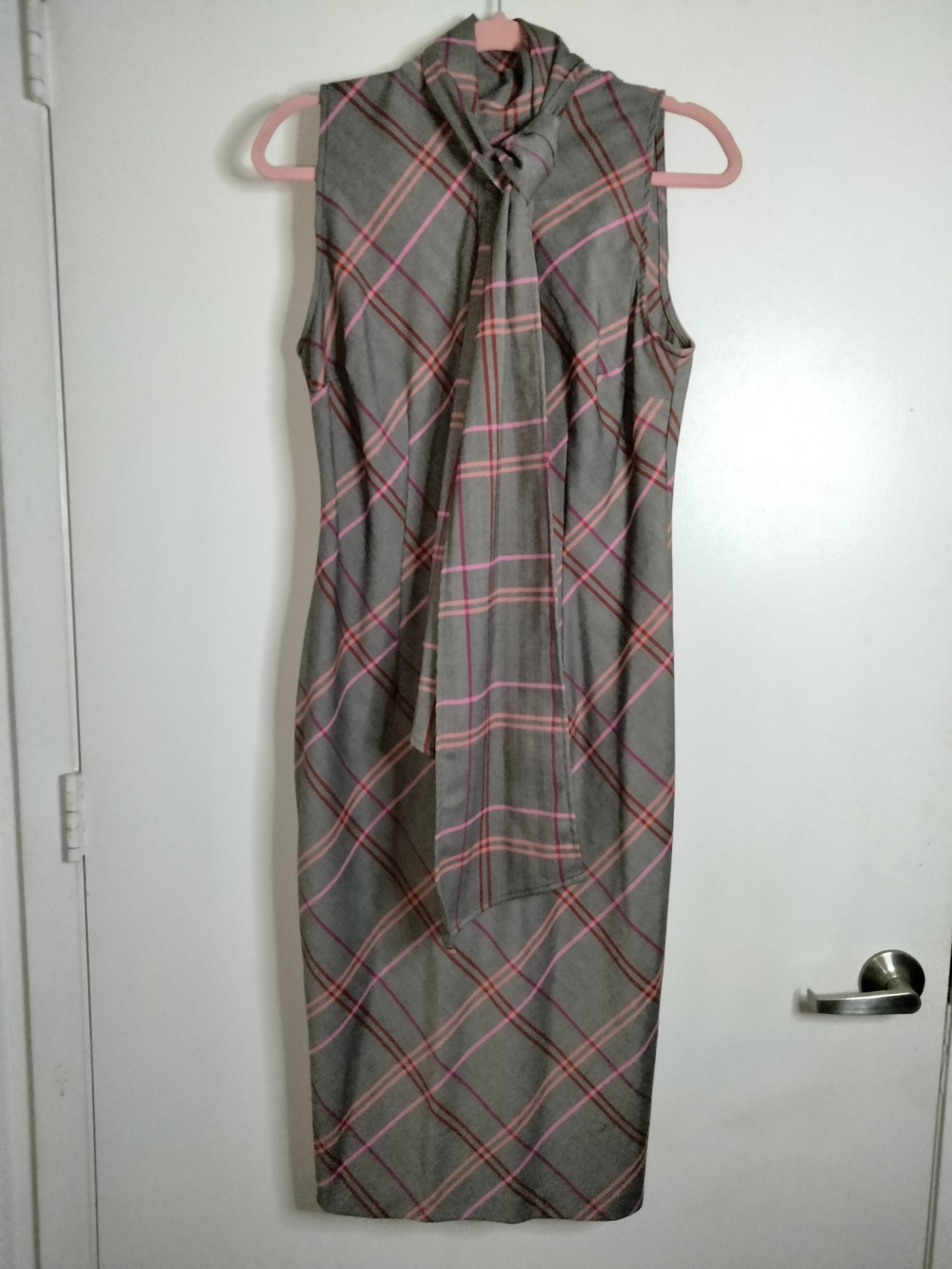 New York & Company (Sz M) Plaid Sleeveless Tie-Neck Midi Dress with Pink Accents